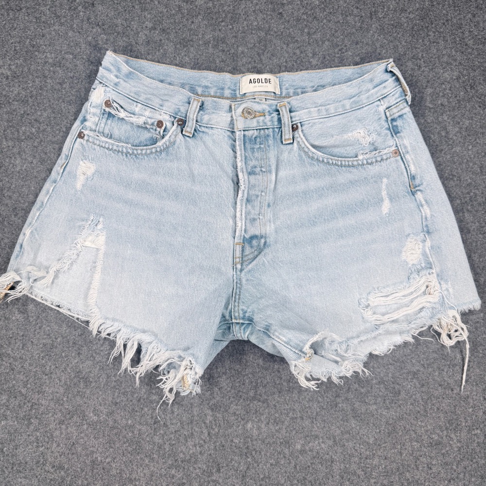 Agolde Parker Long Light Wash Distressed Denim Cutoff Shorts 28
